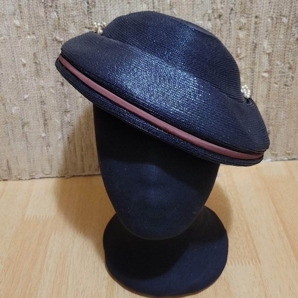 Vintage Straw Tilt Hat Trimmed in Faux Pearls and Wine Colored Satin Ribbon